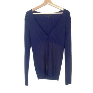 Express Cardigan Y2K Sweater 100% Cashmere Navy Blue Cable Knit Sz L‎ Slim Fit